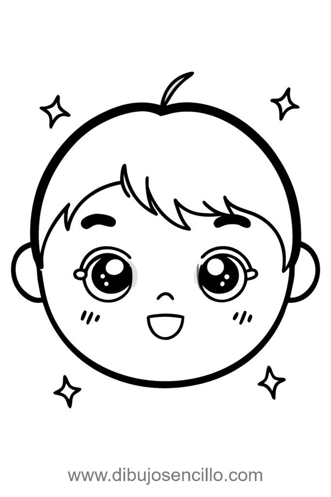 Cara kawaii dibujada en estilo simple con forma redondeada, ojos grandes y brillantes, nariz pequeña y sonrisa suave. El dibujo usa líneas negras limpias sobre fondo blanco, ideal para principiantes y niños que quieren aprender a dibujar rostros lindos de manera fácil.