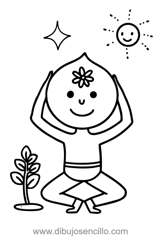Ilustración de una persona en una postura básica de yoga, con el cuerpo equilibrado y expresión calmada. El dibujo usa líneas limpias para mostrar flexibilidad y control. Perfecto para practicar poses relajadas y transmitir serenidad en dibujos simples.