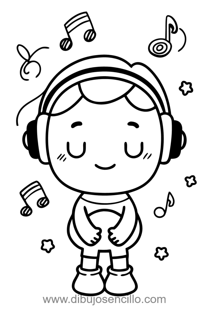 Ilustración de una persona usando auriculares, con postura relajada y expresión tranquila. El dibujo se enfoca en la cabeza y accesorios, usando líneas claras y minimalistas. Ideal para practicar personajes modernos y detalles simples del día a día.