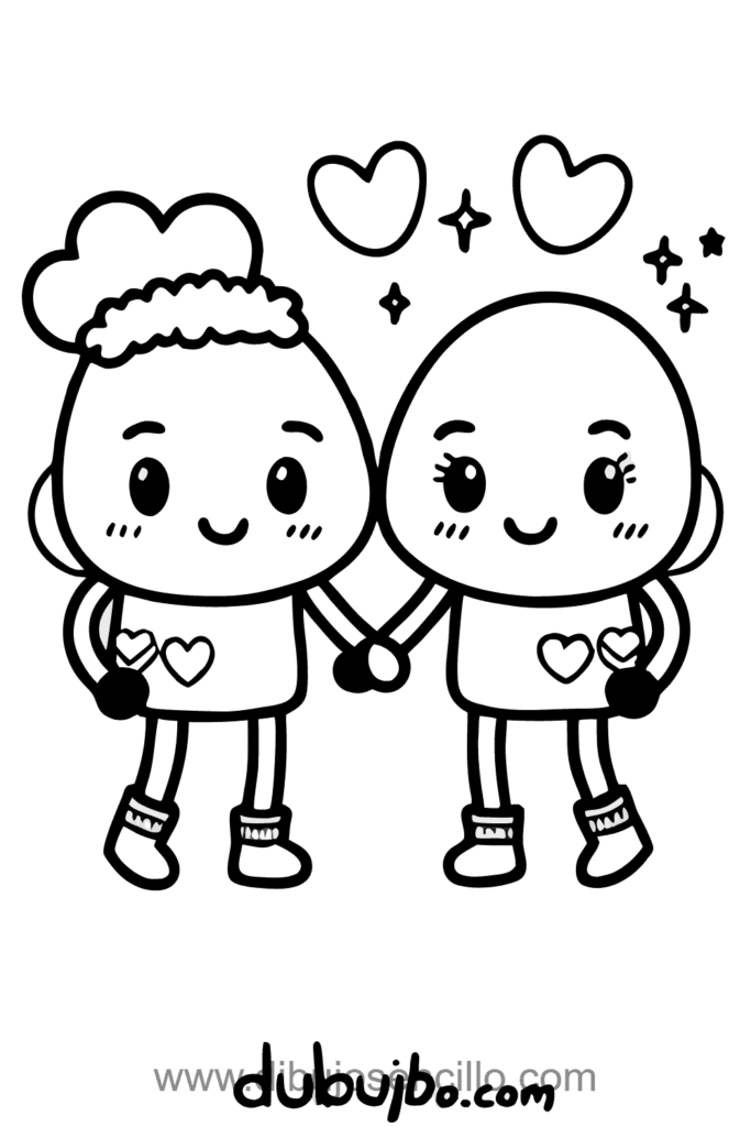 Dibujo de dos personas caminando juntas tomadas de la mano, transmitiendo amistad y unión. Las figuras son simples y equilibradas, con líneas suaves y proporciones básicas. Perfecto para representar relaciones y emociones positivas de forma sencilla.