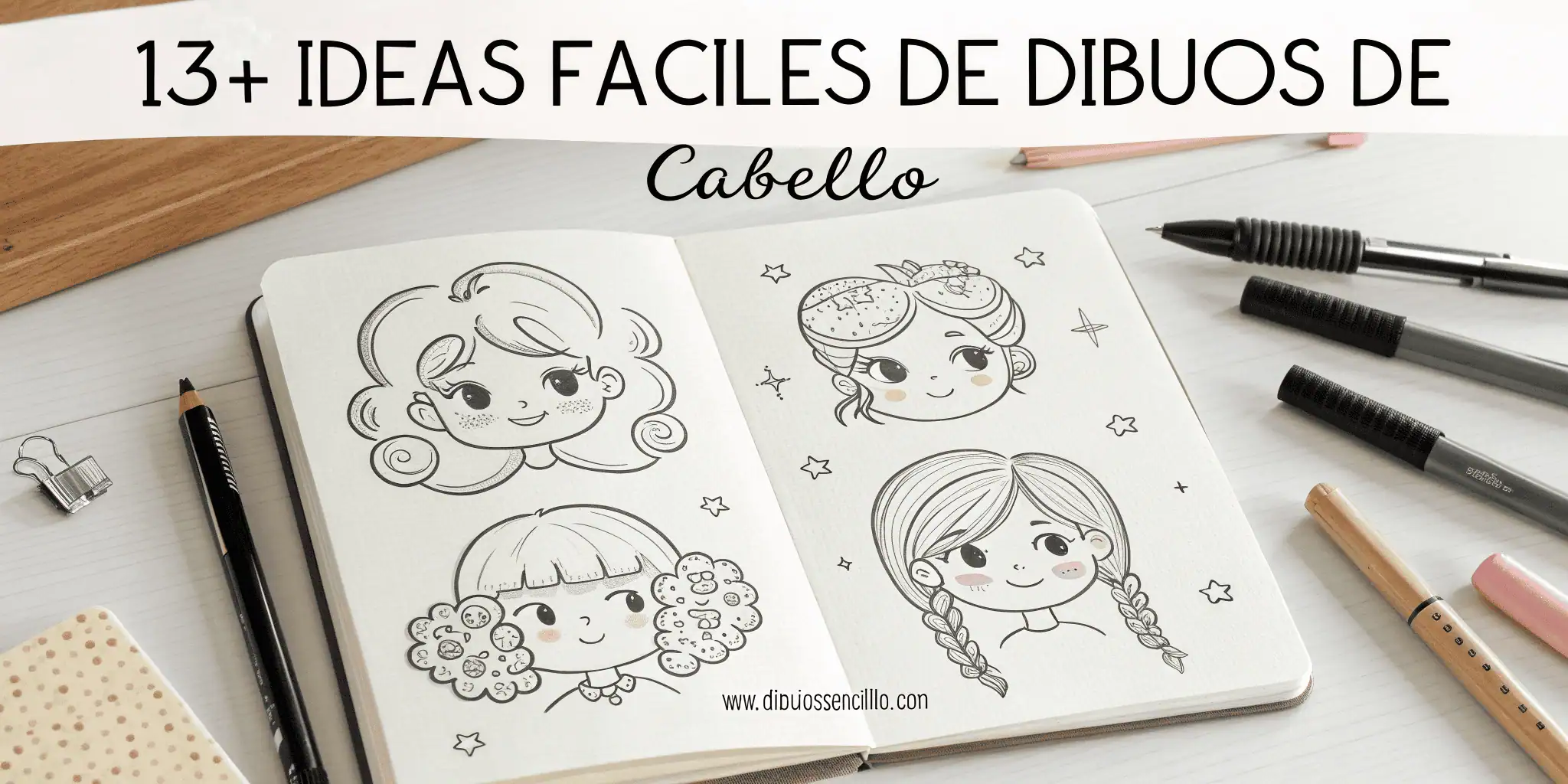 A clean vertical sketchbook page displays simple black and white hair drawing ideas, including straight strands, wavy sections, curls, bangs, braids, and ponytail outlines. Minimalist pencils and markers lie beside the sketchbook on a bright desk. Soft sparkles decorate the sketches, creating an aesthetic and beginner-friendly drawing style. The text “13+ Ideas Fáciles de Dibujos de Cabello” appears at the top with “www.dibujosencillo.com”
