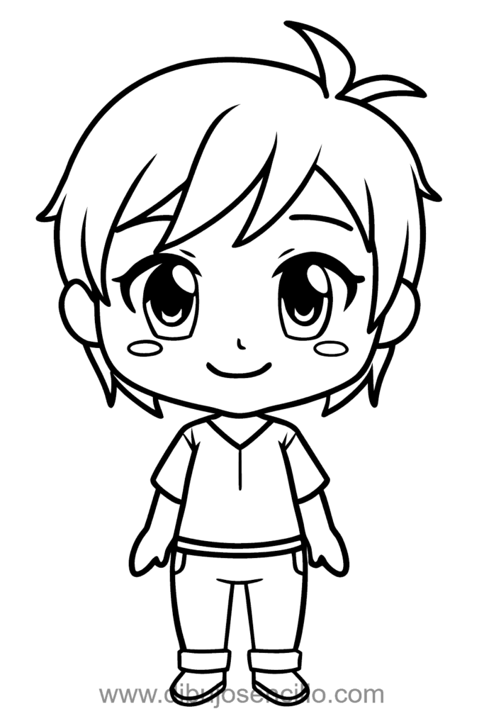 Una ilustración muestra una figura chibi de cuerpo completo con cabeza grande y cuerpo pequeño, dibujada en estilo kawaii. El personaje tiene ojos grandes y expresivos, extremidades cortas y proporciones simples. El diseño es limpio y minimalista, con líneas suaves en blanco y negro, ideal para principiantes y niños que practican dibujo fácil.