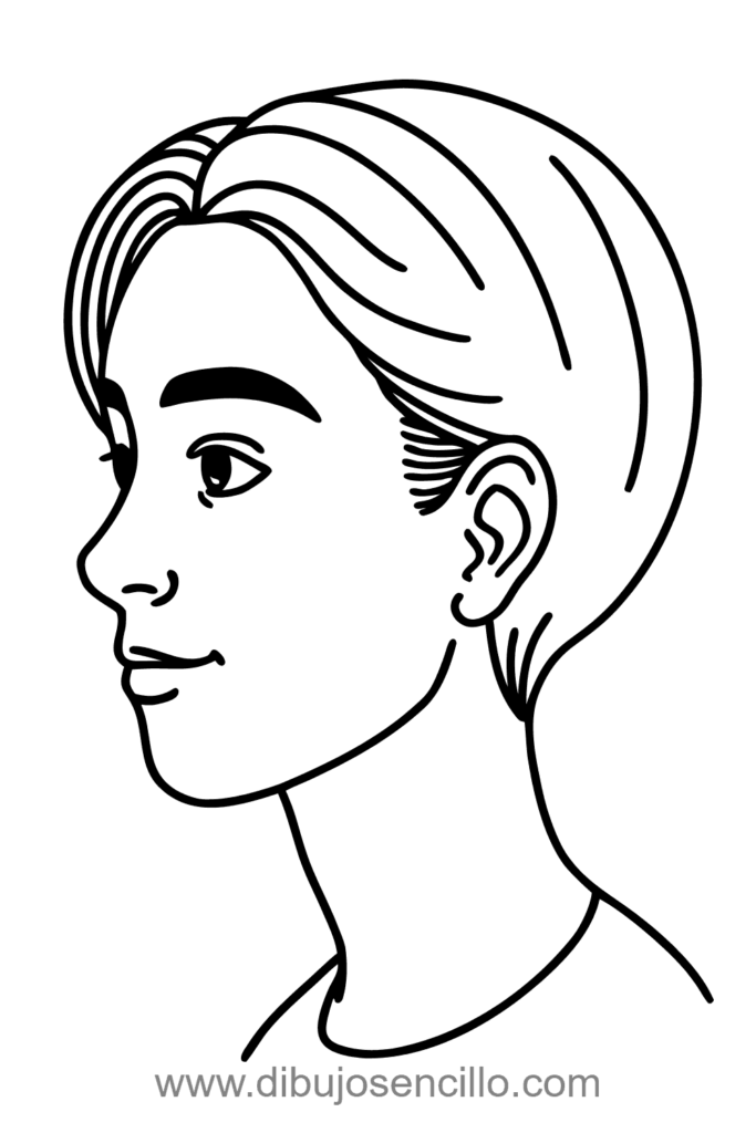 Retrato de perfil simple dibujado en estilo minimalista, mostrando el rostro de una persona de lado con líneas limpias y suaves. El dibujo destaca la forma básica de la nariz, labios y mentón, ideal para principiantes que practican proporciones faciales. Diseño claro, fácil de seguir y perfecto para aprender dibujo de perfiles paso a paso.