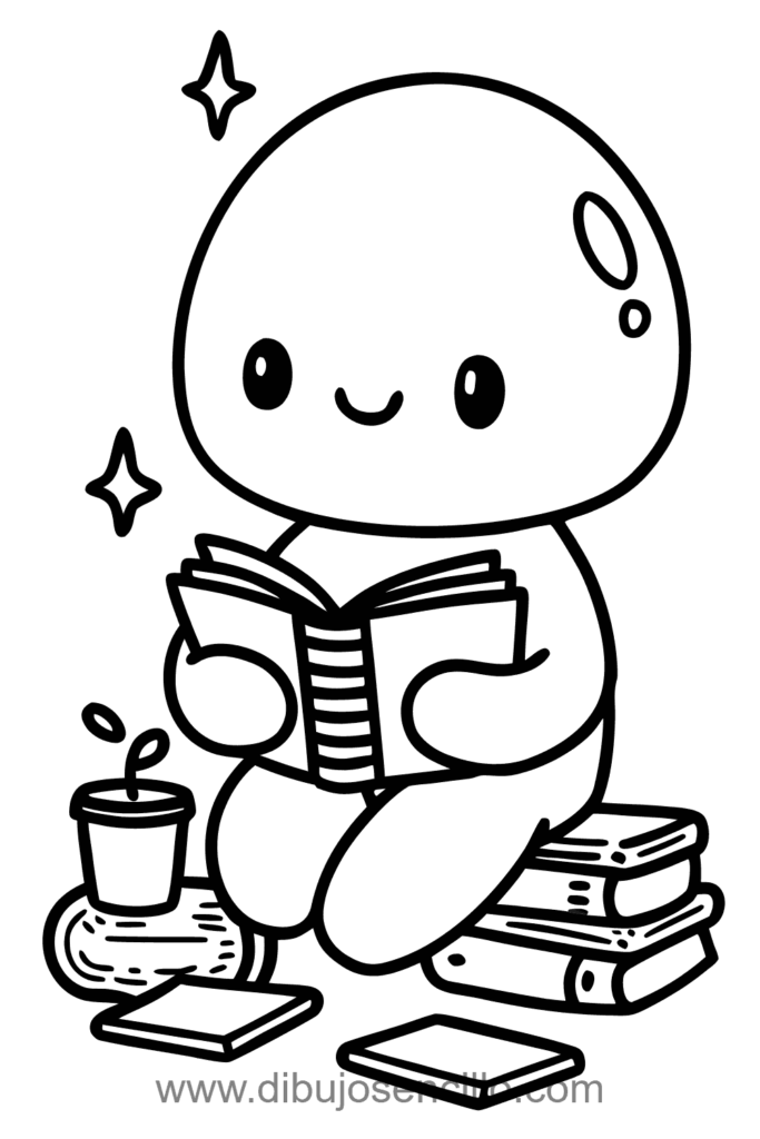 Dibujo simple de una persona sentada mientras lee un libro, con postura relajada y expresión tranquila. Las líneas suaves muestran brazos, piernas y el libro de forma clara. Estilo limpio y accesible para niños y principiantes que quieren practicar poses cotidianas y escenas calmadas.