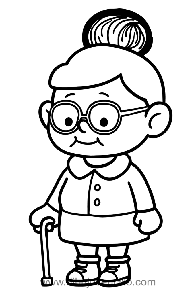 Dibujo sencillo de una abuela caminando con bastón, mostrando una postura tranquila y amable. Las líneas suaves resaltan la edad mediante detalles simples como cabello y postura. Ideal para representar personajes mayores de forma respetuosa y accesible.
