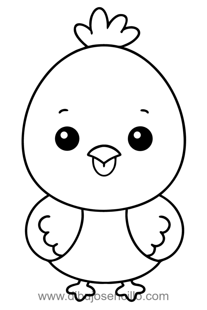 Dibujo fácil kawaii de un pollito bebé con cuerpo redondo, pico triangular pequeño y ojos de punto, estilo minimalista en blanco y negro.
