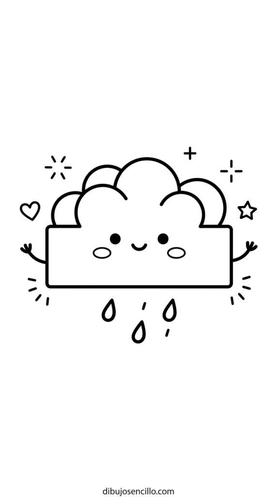 Dibujo fácil kawaii de nube esponjosa con forma de círculos superpuestos en la parte superior de base rectangular, ojos de punto y sonrisa curva pequeña en el centro, bracitos curvos cortos a los lados y gotitas de lluvia pequeñas abajo, mejillas sonrosadas, estilo minimalista en blanco y negro.