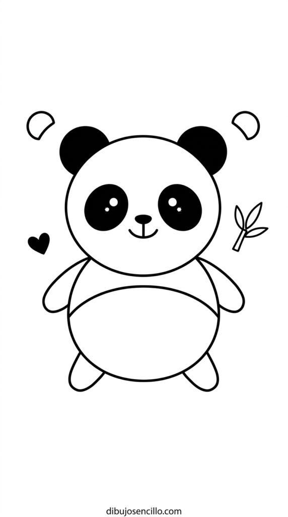 Dibujo fácil kawaii de oso panda con cabeza circular redonda, grandes manchas de ojo oscuras alrededor de ojos de punto pequeños, cuerpo ovalado redondo, orejas redondas pequeñas en la parte superior de la cabeza, sonrisa curva simple y cuatro patas cortas y rechonchas, estilo minimalista en blanco y negro.