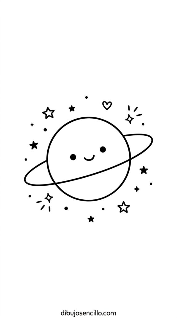Dibujo fácil kawaii de planeta circular con ojos de punto y sonrisa curva en la cara, forma de anillo ovalado simple rodeando la mitad del planeta y estrellas pequeñas flotando alrededor, estilo minimalista en blanco y negro.