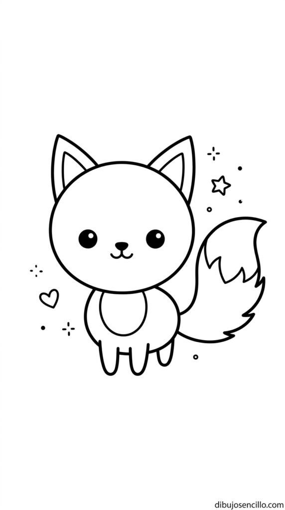Dibujo fácil kawaii de zorro con cabeza circular redonda y orejas triangulares puntiagudas, ojos grandes de punto y sonrisa curva pequeña, cuerpo ovalado pequeño, cola esponjosa curva grande con punta blanca detrás del cuerpo y patas cortas simples, estilo minimalista en blanco y negro.
