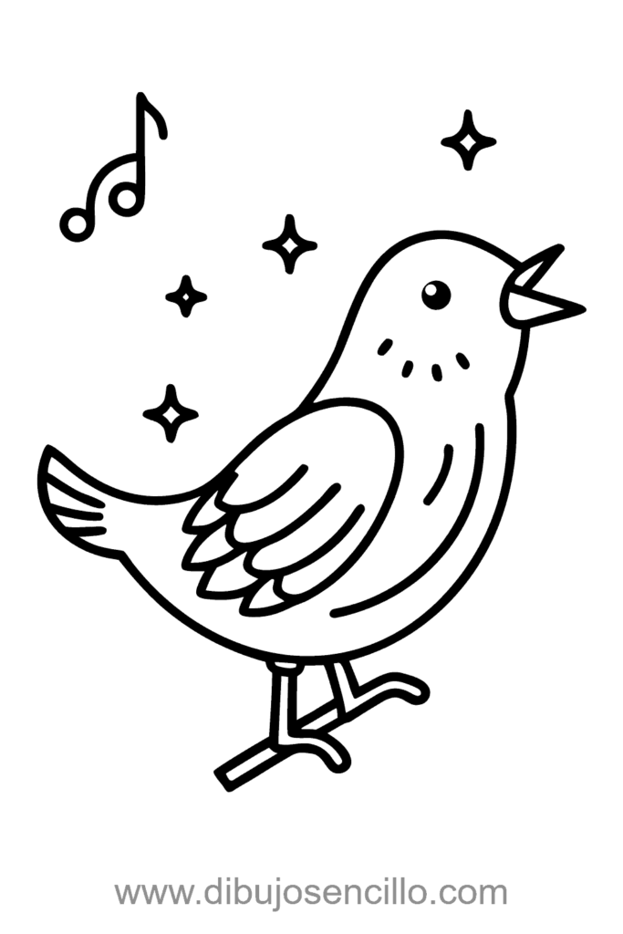 Dibujo fácil de canario cantando posado en rama con pico abierto, notas musicales pequeñas y cuerpo redondeado, estilo minimalista en blanco y negro. 