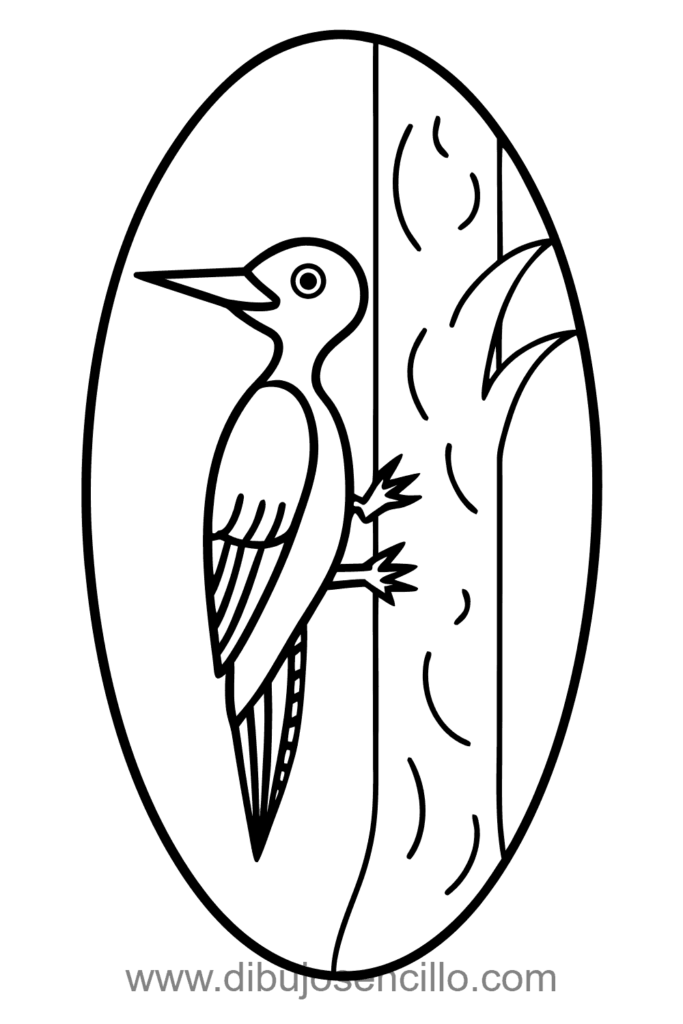 Dibujo sencillo de pájaro carpintero aferrado a tronco de árbol con cuerpo ovalado, pico triangular puntiagudo y cresta en la cabeza, estilo minimalista en blanco y negro.