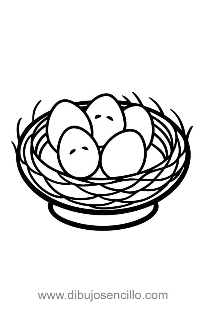 Dibujo fácil de nido de pájaro con tres huevos ovalados dentro, nido en forma de cuenco redondo con ramas simples, estilo minimalista en blanco y negro.