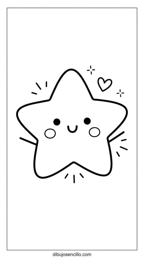 Dibujo fácil kawaii de estrella de cinco puntas con puntas gordas y redondeadas, ojos de punto y sonrisa curva centrados en la cara de la estrella, bracitos cortos extendiéndose desde los puntos laterales y líneas de brillo diminutas alrededor, estilo minimalista en blanco y negro.