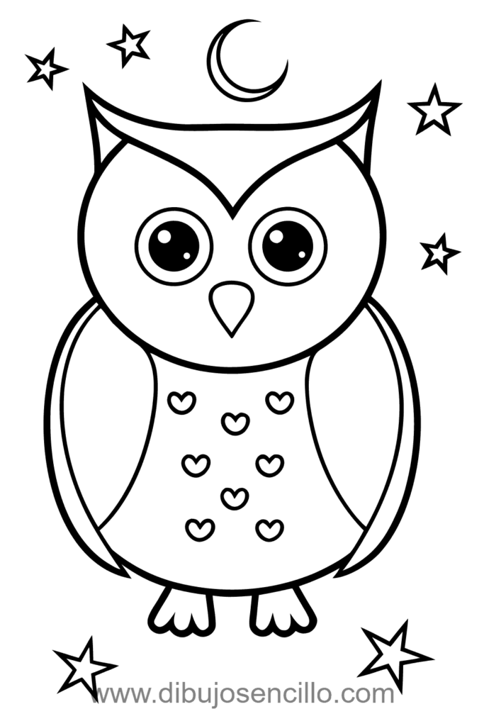 Dibujo fácil de búho nocturno con cabeza redonda, ojos grandes circulares y cuerpo ovalado compacto, en blanco y negro estilo minimalista.
