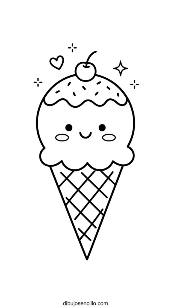 Dibujo fácil kawaii de helado en cono con cono triangular de barquillo con líneas de cuadrícula simples, bola de helado redonda encima con ojos de punto y sonrisa curva, borde superior ondulado en la bola y cereza pequeña en la cima, chispas de colores, estilo minimalista en blanco y negro.