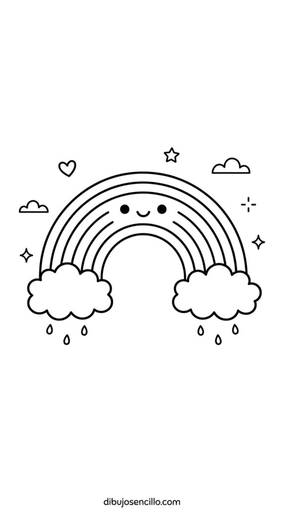 Dibujo fácil kawaii de arcoíris con arco curvo de líneas paralelas curvas, nubes esponjosas en cada extremo de la base del arcoíris, ojos de punto y sonrisa curva en el centro del arco del arcoíris y gotita de lluvia pequeña debajo de las nubes, estilo minimalista en blanco y negro.