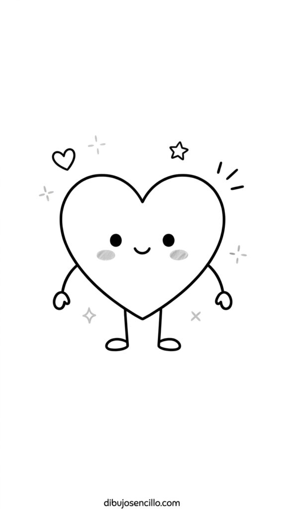 Dibujo fácil kawaii de corazón clásico con ojos de punto y sonrisa curva pequeña centrados en el área facial, líneas de brazos curvos cortos simples extendiéndose desde los lados inferiores y mejillas sonrosadas, estilo minimalista en blanco y negro.