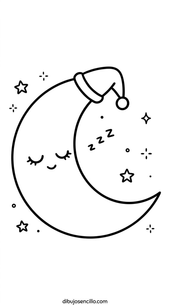 Dibujo fácil kawaii de luna creciente con cara durmiendo en paz en la curva interior —ojos cerrados en media luna con pestañas y sonrisa diminuta— gorro de dormir pequeño en una punta y estrellitas flotando alrededor, estilo minimalista en blanco y negro.