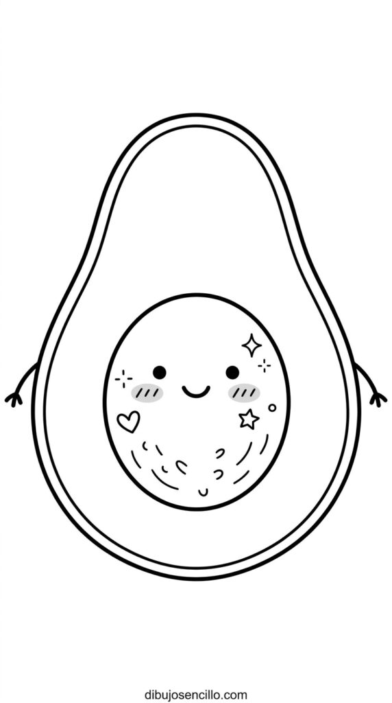 Dibujo fácil kawaii de aguacate con silueta de pera y círculo ovalado grande de semilla en el centro, ojos de punto y sonrisa curva en la semilla, bracitos pequeños extendiéndose desde los lados del cuerpo del aguacate y mejillas sonrosadas en la cara de la semilla, estilo minimalista en blanco y negro.