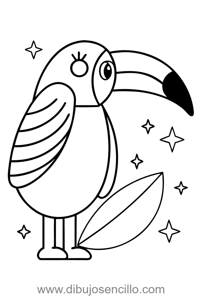 Dibujo sencillo de tucán tropical con cabeza redonda, pico ovalado grande y curvo y cuerpo pequeño ovalado, estilo minimalista en blanco y negro.