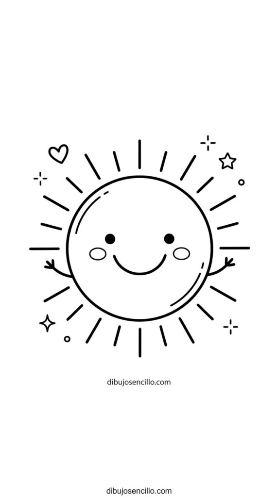 Dibujo fácil kawaii de sol circular con líneas de rayos rectas cortas alternando con rayos ligeramente curvados alrededor, ojos de punto y sonrisa amplia curva en la cara del sol y bracitos pequeños desde los lados, mejillas sonrosadas, estilo minimalista en blanco y negro.