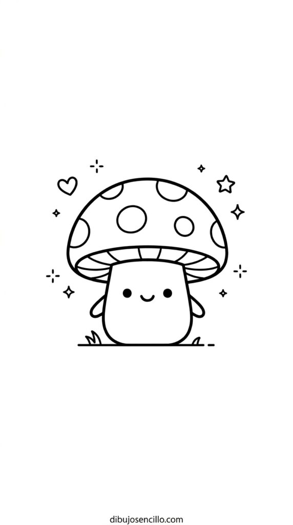 Dibujo fácil kawaii de seta con sombrero de cúpula redonda con círculos de punto simples encima, tallo corto y grueso debajo con ojos de punto y sonrisa curva en la cara del tallo, bracitos pequeños desde los lados del tallo y línea de hierba pequeña debajo, estilo minimalista en blanco y negro.