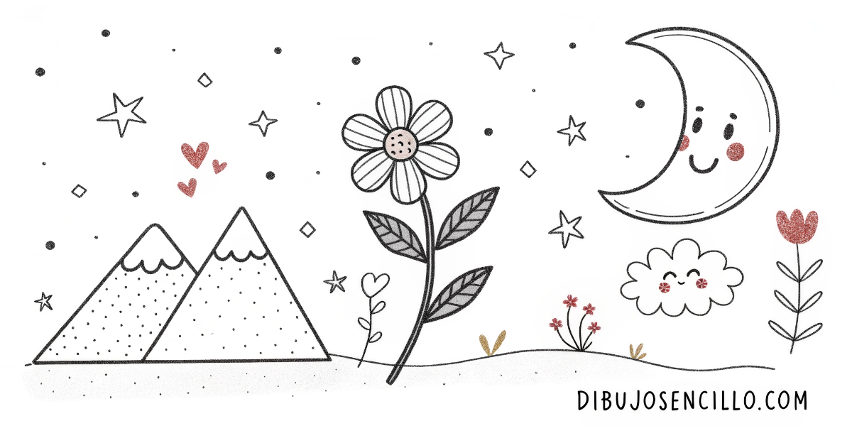 Colección de dibujos minimalistas fáciles con muy pocas líneas —montaña, flor, luna, cara simple, formas geométricas— con mucho espacio en blanco, estilo minimalista en blanco y negro.